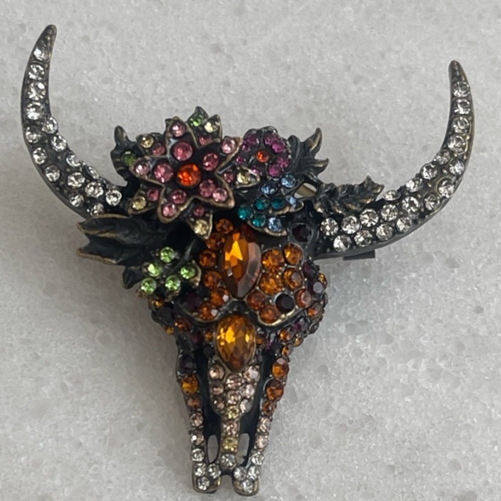 Crystal Encrusted Bull Skull Brooch